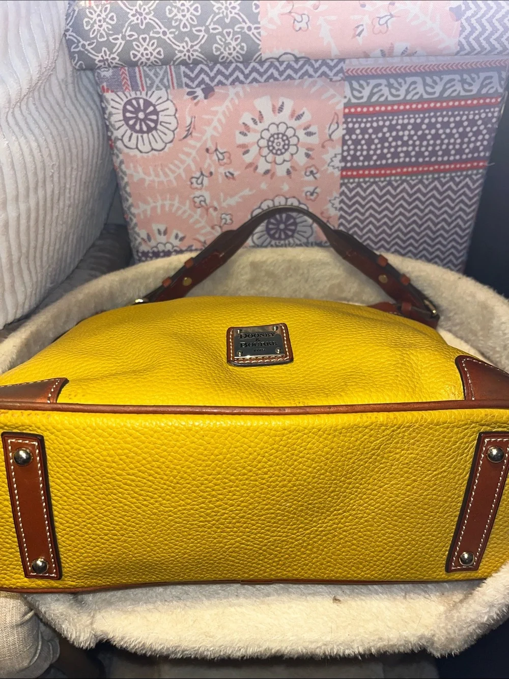 Dooney & Bourke Mustard Pebbled Leather Messenger Bag with Brown Trim